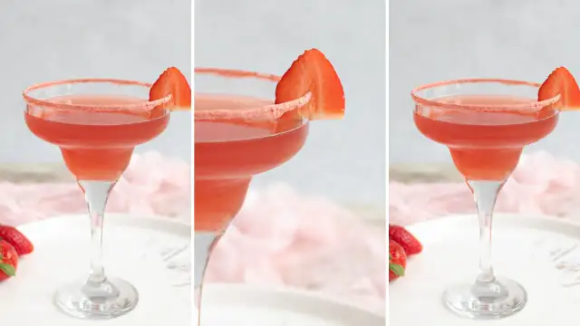 Margarita klasyczna kontra Margarita truskawkowa. Dwa drinki w kieliszkach, jeden z plasterkiem truskawki, drugi bez.