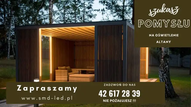 Nowoczesna altana z drewnianymi ścianami i oświetleniem LED. Szukasz pomysłu na oświetlenie altany? Zadzwoń!