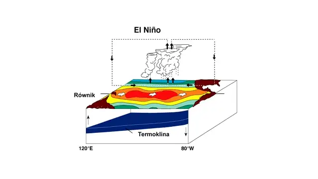 El Niño: schematyczne przedstawienie zjawiska, pokazujące ciepłe wody na równiku i chmury burzowe.