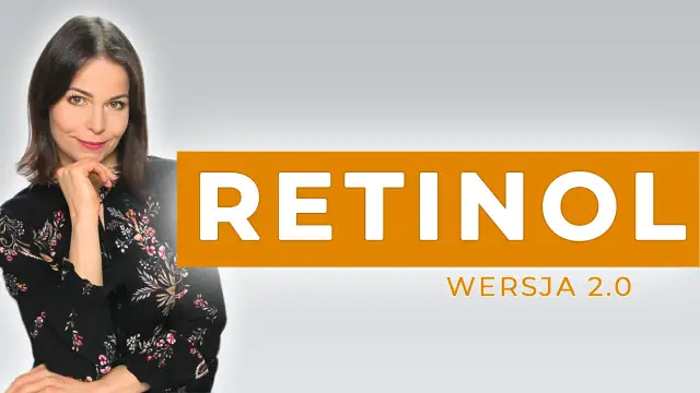 Kobieta z uśmiechem zastanawia się, czy można łączyć retinol z kwasem hialuronowym. Na ekranie napis RETINOL WERSJA 2.0.