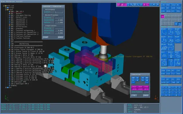 Symulacja obróbki w Linux CNC, gdzie frez wirtualnie obrabia element.