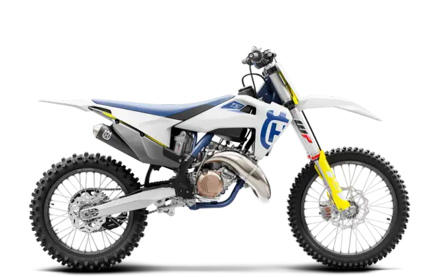 Motocykl Husqvarna 125 2T w białej, niebieskiej i żółtej kolorystyce, widok z boku.
