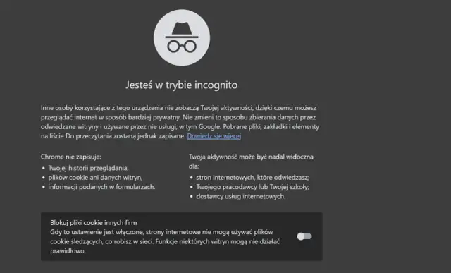 Ikona okularów i kapelusza symbolizuje, że jesteś w trybie incognito. Przeglądaj prywatnie, ale pamiętaj, że Twoja aktywność może być widoczna dla pracodawcy.