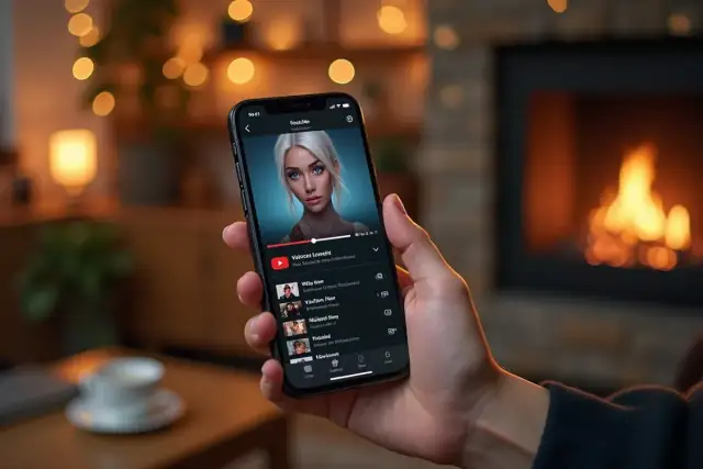 Telefon z aplikacją YouTube, pokazujący jak pobrać aplikacje YouTube na telefon. W tle kominek i przytulne światło.