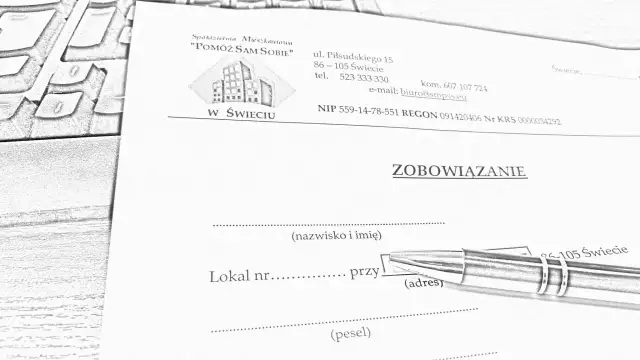 Szkic dokumentu "Zobowiązanie" spółdzielni mieszkaniowej z długopisem.