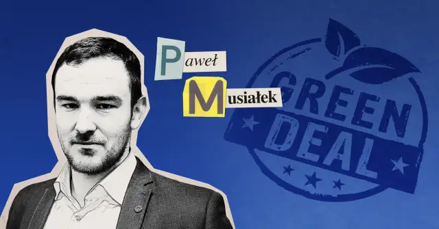 Portret Pawła Musiałka na tle niebieskim z pieczęcią "Green Deal".