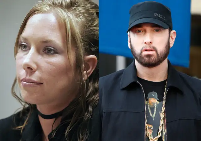 Kim Scott i Eminem na zdjęciu podzielonym na pół.