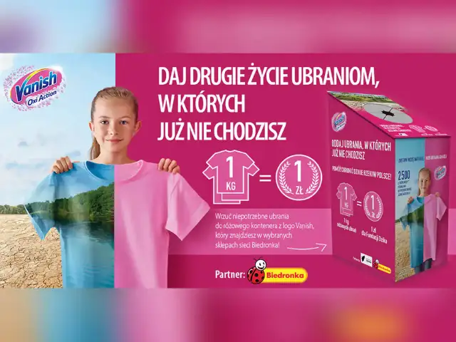 Dziewczynka trzyma dwie koszulki: jedną z widokiem na jezioro, drugą różową. Obok logo Vanish i hasło akcji.