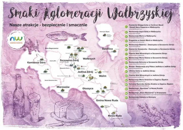 Mapa atrakcji i restauracji w aglomeracji wałbrzyskiej z ilustracjami piwa i sera.