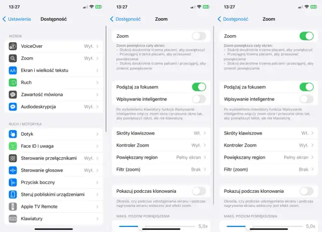 Ustawienia iPhone: Dostępność > Wzrok > Zoom. Tutaj możesz wyłączyć zoom, dostosować powiększenie i inne opcje.