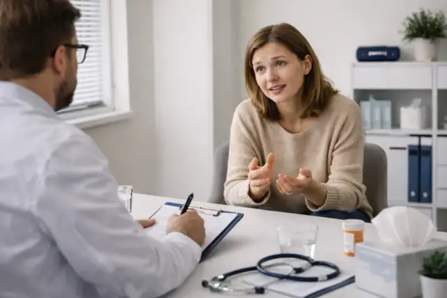 Kobieta rozmawia z lekarzem, który notuje na kartce.