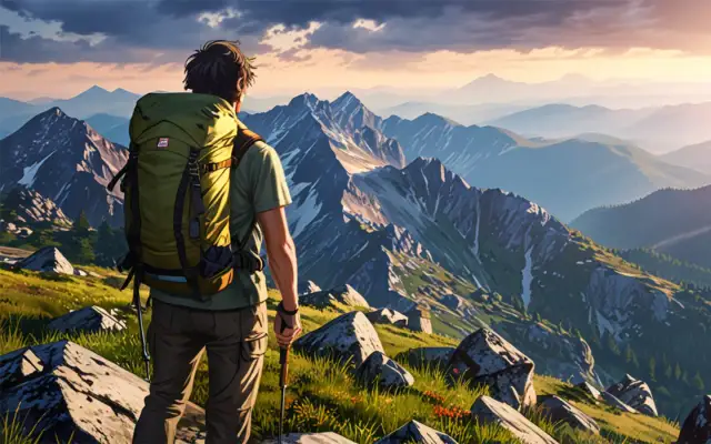 Turysta z plecakiem podziwia górski krajobraz. Zastanawia się, co zabrać w góry, by cieszyć się widokiem i bezpieczeństwem.