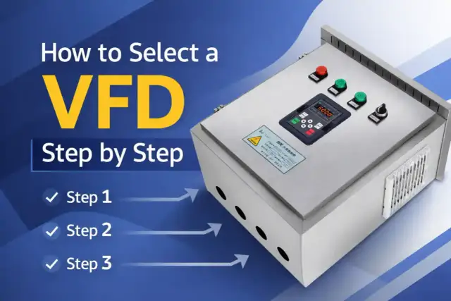 Panel sterowania z wyświetlaczem cyfrowym i przyciskami, obok tekst "How to Select a VFD Step by Step". To jest przetwornik częstotliwości.