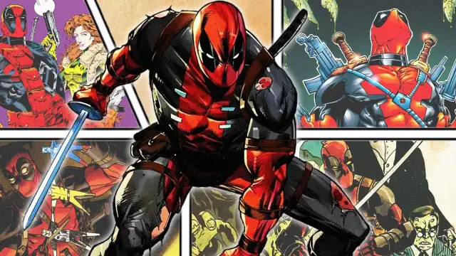 Komiksowa kolaż z Deadpool w centrum, otoczony innymi panelami z jego wizerunkiem.