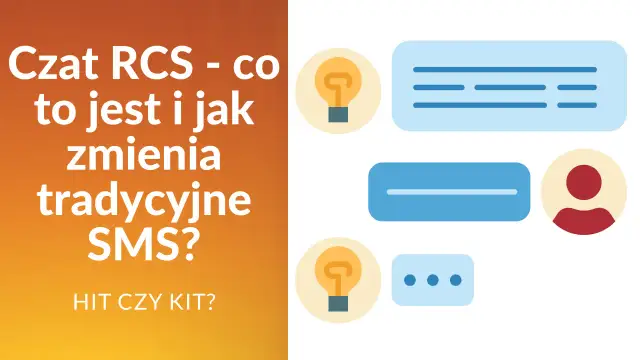 Czat RCS - co to jest i jak zmienia tradycyjne SMS? Ikony czatu i żarówki sugerują innowację.