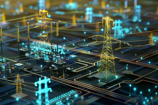 Futurystyczny **grid** energetyczny, gdzie linie przesyłowe i wieże przypominają obwody drukowane.