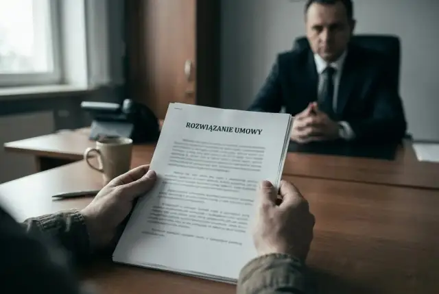Mężczyzna trzyma dokument "Rozwiązanie umowy", przygotowując się do rozmowy o tym, jak napisać rezygnację.