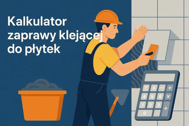 Ilustracja: pracownik kładzie płytki, obok wiadro z zaprawą, kielnia i kalkulator.