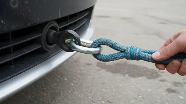 Dłoń trzymająca linę holowniczą zaczepioną do haka holowniczego samochodu.