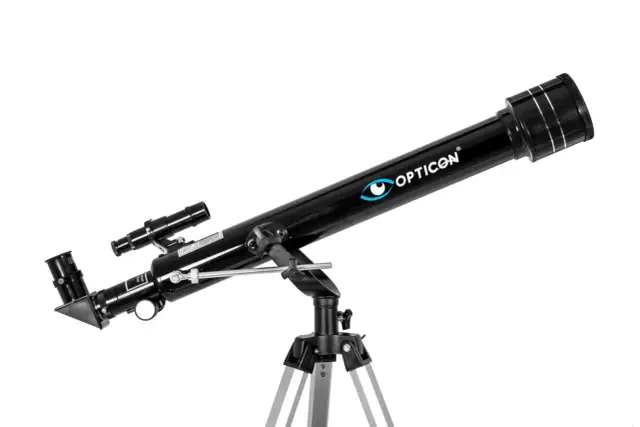Czarny teleskop opticon na statywie, z widocznym lunetą celowniczą.