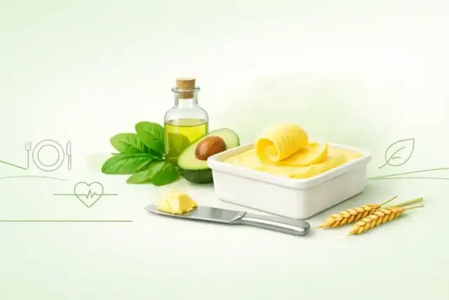 Zdrowa margaryna w białym naczyniu, obok awokado, oleju, szpinaku i kłosów zboża. Symbolizuje zdrowe odżywianie.
