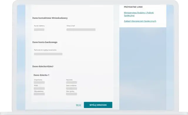 Formularz online do składania wniosku 800+ na laptopie.