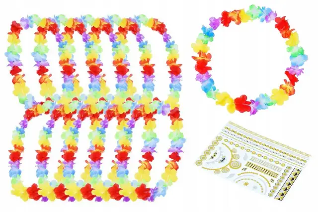 Kolorowy naszyjnik z kwiatów, idealny na hawajską imprezę. W zestawie ozdobne tatuaże.