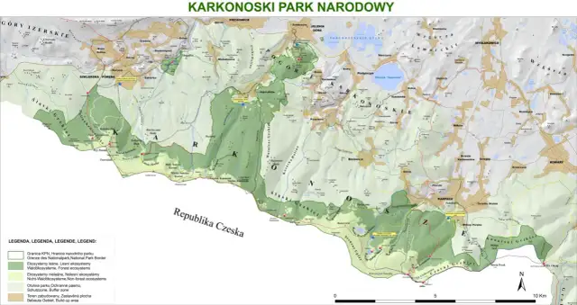 Mapa Karkonoszy, gdzie leżą te góry, pokazuje granice parku narodowego, szlaki turystyczne, ekosystemy leśne i nieleśne oraz tereny zabudowane.