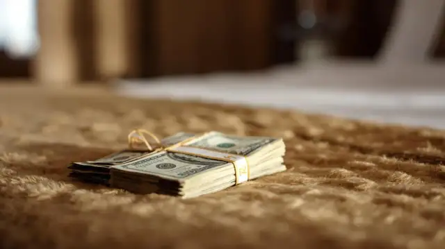 Stos banknotów dolarowych związany złotą wstążką, leżący na brązowym, futrzanym tle.