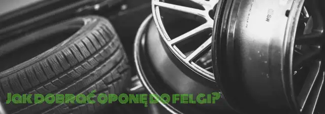 Czarne opony i felgi samochodowe, z zielonym napisem "JAK DOBRAĆ OPONĘ DO FELGI?".