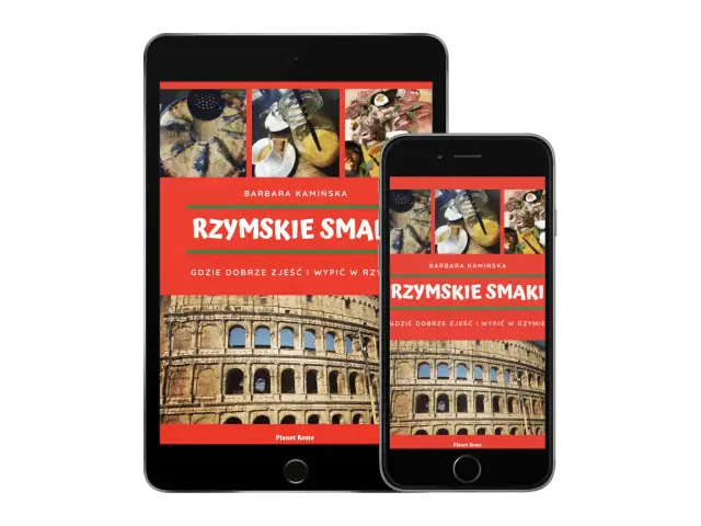 Rzymskie Smaki" - przewodnik po tym, gdzie dobrze zjeść i wypić w Rzymie, z Koloseum w tle.
