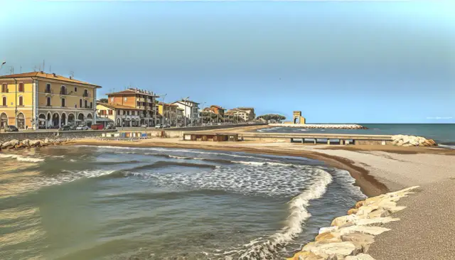 Spokojne morze i plaża w Rimini, z budynkami w tle. Czy Rimini jest bezpieczne? Wygląda na spokojne i przyjazne.