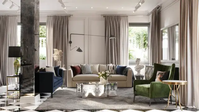 Elegancki salon w stylu nowojorskim, modern classic. Granatowa sofa, zielony fotel, lustrzany stolik kawowy i szachownica na podłodze.