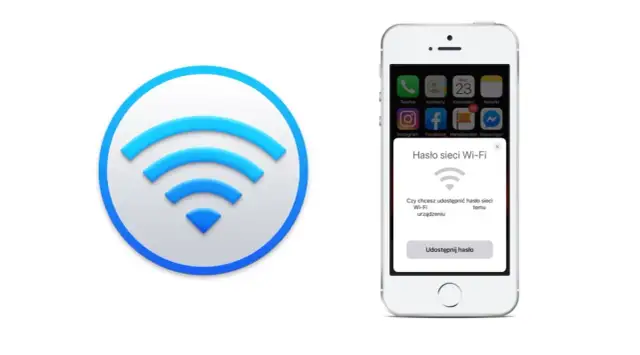 Ikona Wi-Fi i iPhone z komunikatem "Hasło sieci Wi-Fi". Dowiedz się, jak wpisać hasło do Wi-Fi w telefonie.
