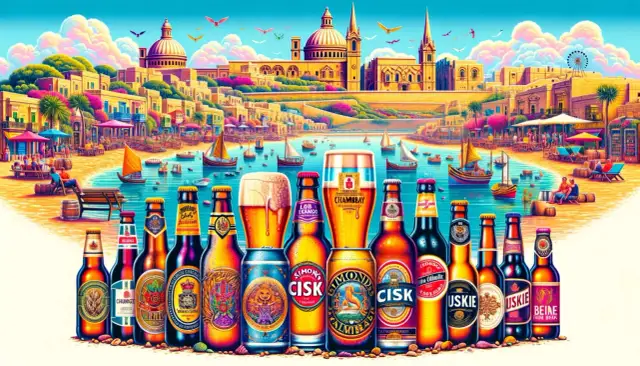 Malta: piwo na plaży, a ile kosztuje alkohol na Malcie? Kolorowe butelki i puszki piwa na tle maltańskiego wybrzeża.