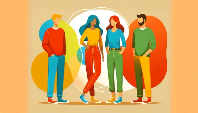 Ilustracja czterech osób o różnych kolorach włosów i ubraniach, stojących na tle kolorowych kół.
