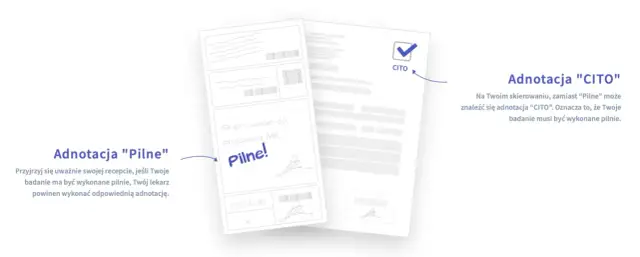 Dwa dokumenty: skierowanie z adnotacją "Pilne!" i dokument z adnotacją "CITO" z zaznaczonym ptaszkiem.