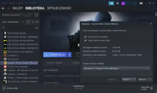 Instalacja gry Counter-Strike: Global Offensive na laptopie. Okno instalacji pokazuje wymagania i czas pobierania.