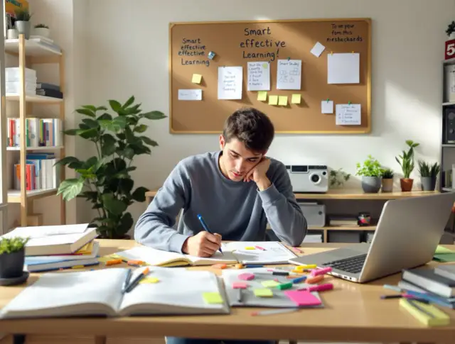 Młody mężczyzna uczy się przy biurku, otoczony książkami, notatkami i laptopem.