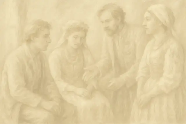 Obraz olejny przedstawiający cztery postacie w jasnych strojach, w tym młodą kobietę w wianku.