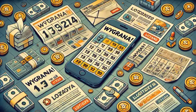 Telefon z napisem "WYGRANA!" i zaznaczonymi liczbami, obok gazety, pieniądze i monety. Czy loteriada informuje o wygranej?