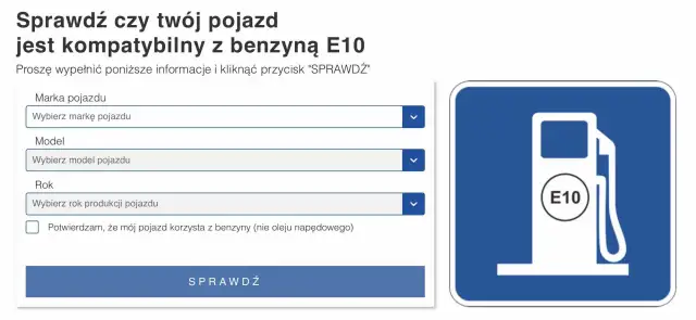 Ikona dystrybutora paliwa z napisem E10 obok formularza wyboru marki, modelu i roku pojazdu.