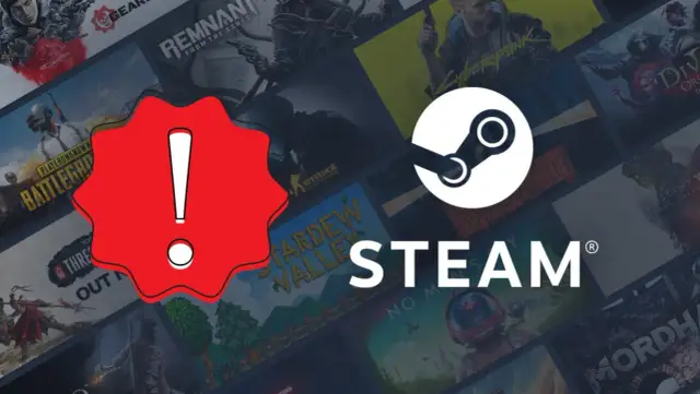 Czerwony wykrzyknik na tle okładek gier Steam i logo platformy.
