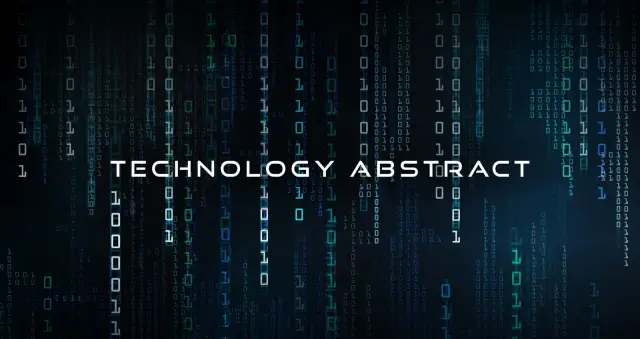 Tło z kodem binarnym i napisem "TECHNOLOGY ABSTRACT".