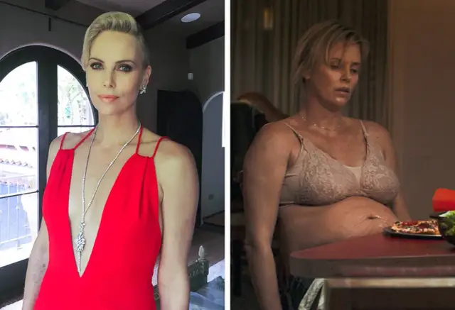Charlize Theron w czerwonej sukni i w innej, przytyła do roli.