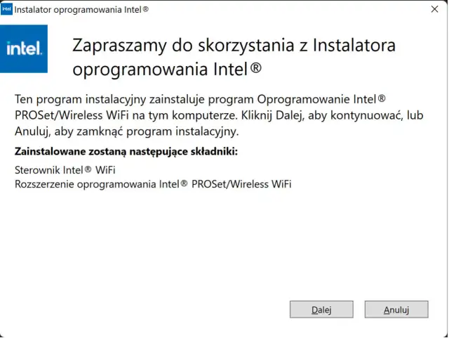 Instalator Intel PROSet/Wireless WiFi. Pomaga jak zaktualizować sterowniki karty sieciowej. Kliknij Dalej, aby kontynuować.