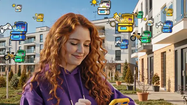 Uśmiechnięta rudowłosa dziewczyna patrzy na telefon, wokół niej latają pikselowe skrzynie z nagrodami, jakby właśnie sprawdziła, czy ktoś wygrał w loterii InPost.