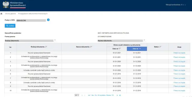 Przegląd dokumentów finansowych dla podmiotu o nr KRS 0000181348. Widoczne są roczne sprawozdania finansowe i uchwały.