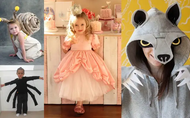 Dzieci w strojach DIY: ślimak, księżniczka i szop pracz.