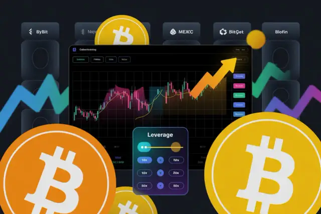 Wykresy giełdowe i ikony kryptowalut ilustrują, jak działa dźwignia na giełdzie, zwiększając potencjalne zyski i straty.